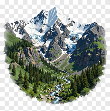 Mountain Landscape With River And Pine Trees PNG