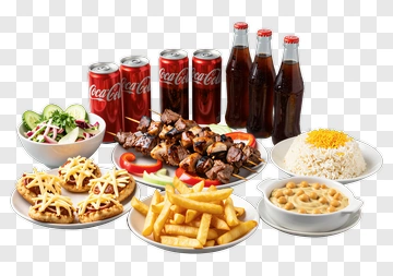 Delicious Meal With Grilled Meat And Soft Drinks PNG