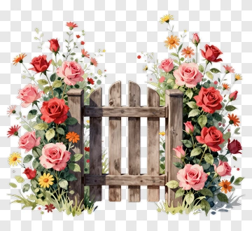 Wooden Gate Surrounded By Colorful Roses And Flowers PNG