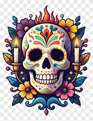 Colorful Skull With Flowers And Candles PNG