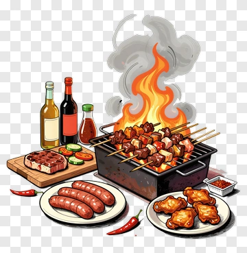 Barbecue Grill With Meat And Sauces PNG