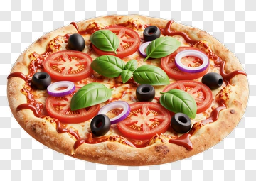 Delicious Pizza With Tomatoes, Olives, And Basil PNG