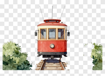 Red Vintage Tram On Tracks PNG