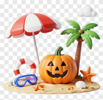 Halloween Pumpkin At The Beach With Umbrella And Palm Tree PNG
