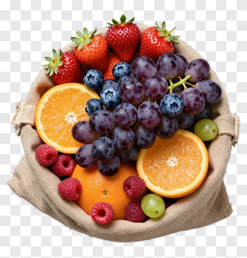 Fruit Basket With Strawberries, Grapes, And Oranges PNG