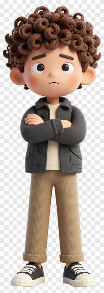3D Boy With Curly Hair Crossing Arms PNG