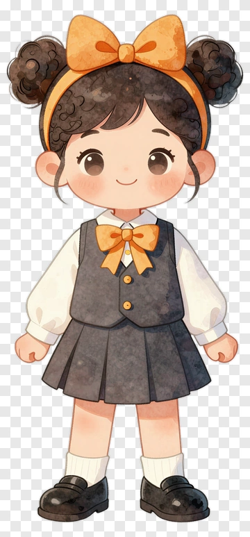 Cute Girl In School Uniform With Orange Bow PNG