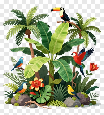 Tropical Jungle Scene With Colorful Birds PNG