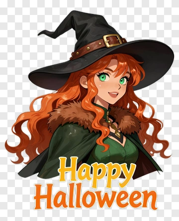 Cartoon Witch With Happy Halloween Text PNG