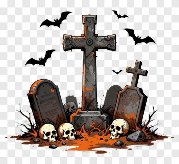 Halloween Graveyard With Skulls And Bats PNG