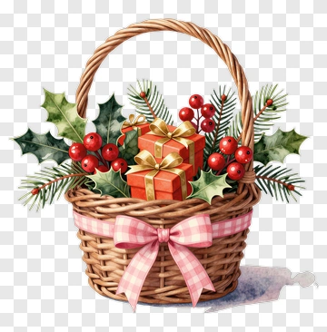 Christmas Gift Basket With Holly And Berries PNG