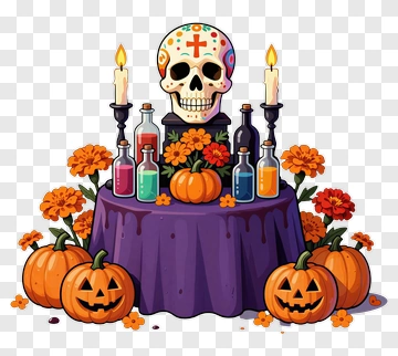 Halloween Altar With Skull And Pumpkins PNG