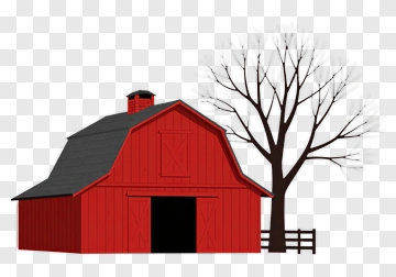 Red Barn Next To A Leafless Tree PNG