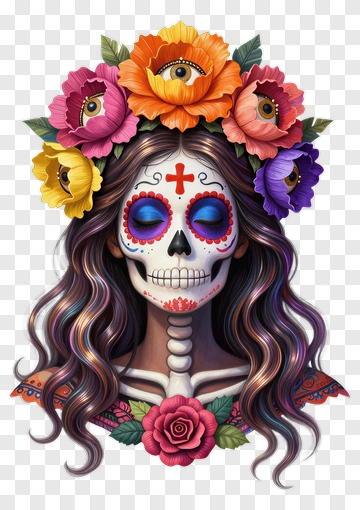 Colorful Sugar Skull Woman With Floral Crown PNG