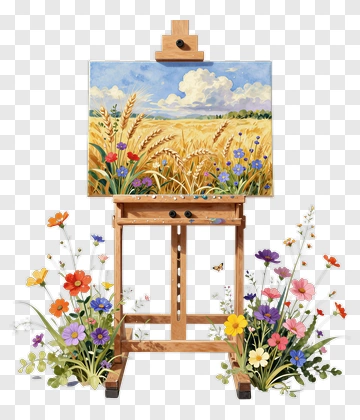 Painting Of A Wheat Field With Colorful Flowers PNG