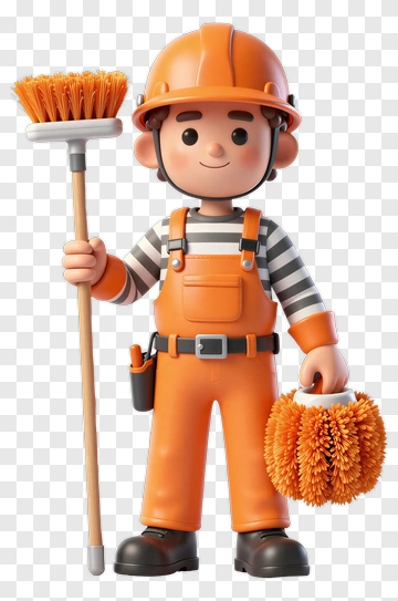 3D Construction Worker Holding A Broom And Mop PNG