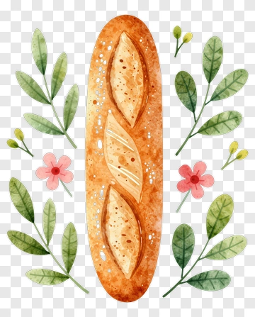 Watercolor Bread Surrounded By Green Leaves And Flowers PNG