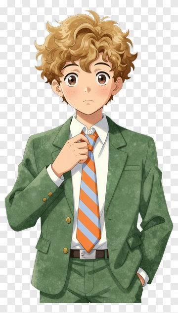 Anime Boy In Green Suit Adjusting Tie PNG