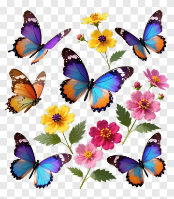 Colorful Butterflies And Flowers PNG