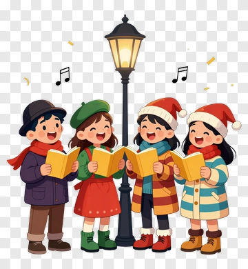 Happy Children Singing Carols By A Streetlamp PNG
