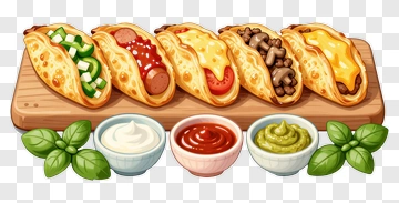 Delicious Tacos With Various Toppings And Sauces PNG