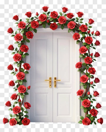 White Door Framed By Red Roses PNG