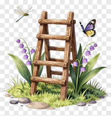 Wooden Ladder Surrounded By Flowers And Butterflies PNG