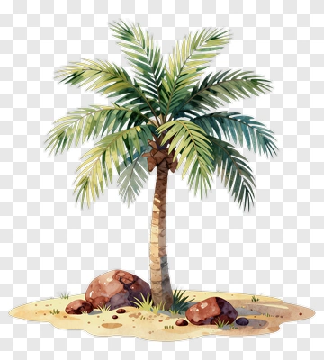 Watercolor Palm Tree With Rocks PNG