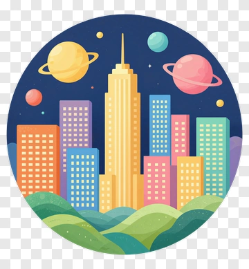 Colorful Cityscape With Planets PNG