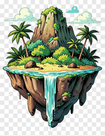 Colorful Floating Island With Waterfall And Palm Trees PNG