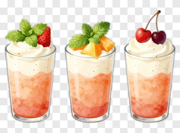 Colorful Dessert Cups With Fruit Toppings PNG