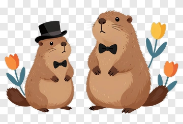Two Cartoon Groundhogs With Flowers PNG