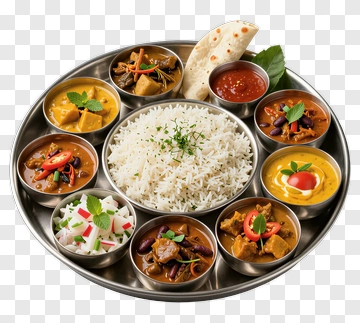 Traditional Indian Thali With Rice And Curries PNG