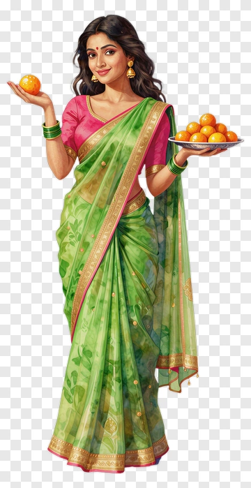 Woman In Green Saree Holding Oranges PNG