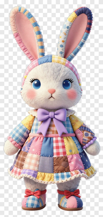 3D Cartoon Bunny Wearing A Colorful Patchwork Dress PNG