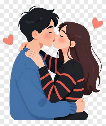 Cartoon Couple Kissing With Hearts PNG