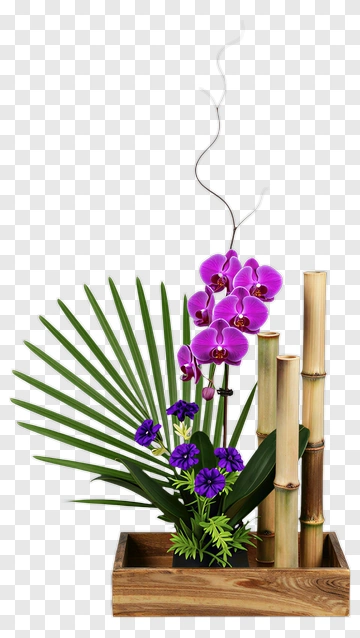 Orchid Arrangement In Wooden Planter PNG