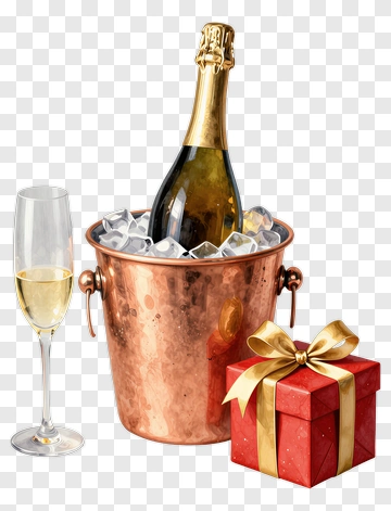 Champagne Bottle In Ice Bucket With Gift Box PNG