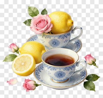 Tea With Lemon And Roses In Blue Floral Cups PNG
