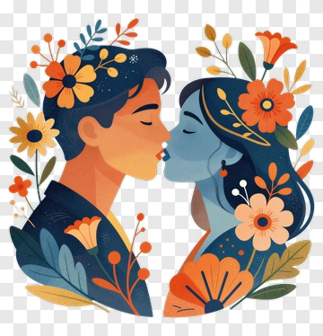 Couple Kissing Surrounded By Colorful Flowers PNG