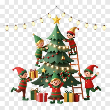 Christmas Elves Decorating A Tree PNG