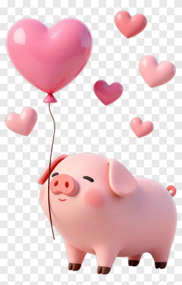 Cartoon Pig Holding A Pink Heart Balloon PNG