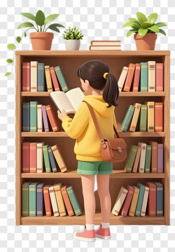 Girl Reading A Book In A Library PNG