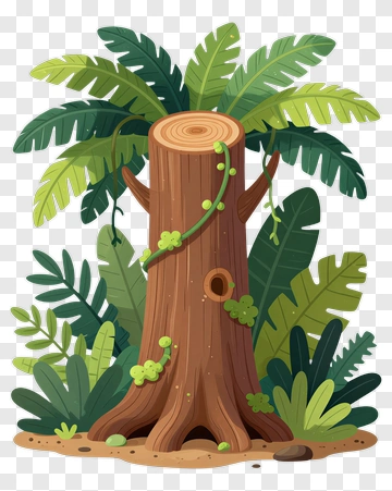 Cartoon Tree Surrounded By Lush Green Foliage PNG
