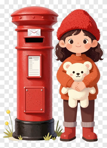Girl Holding A Teddy Bear Next To A Red Mailbox PNG