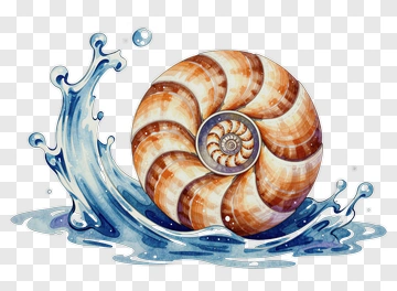 Watercolor Nautilus Shell With Ocean Waves PNG