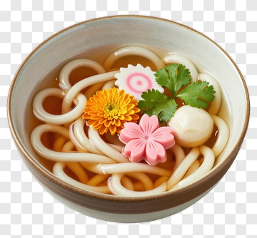 Bowl Of Noodle Soup With Decorative Toppings PNG