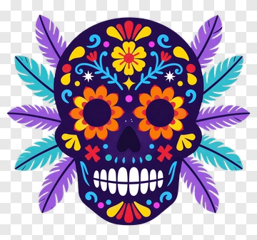 Colorful Sugar Skull With Floral Decorations PNG