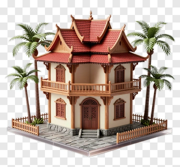 Traditional House With Palm Trees PNG