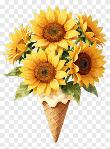 Sunflower Bouquet In Ice Cream Cone PNG